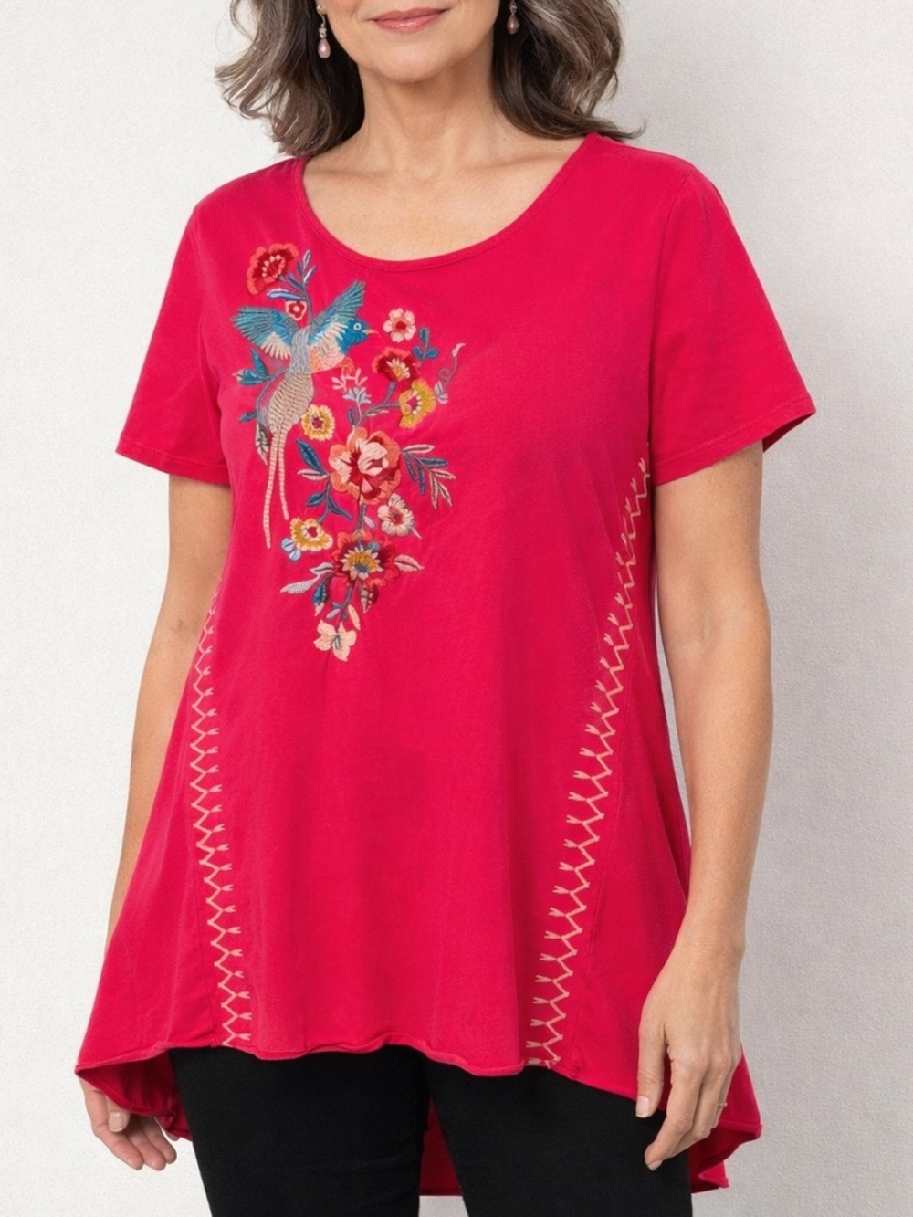 Johnny Was Embroidered Floral Bird Cotton Tunic Top Lagenlook Oversized Small